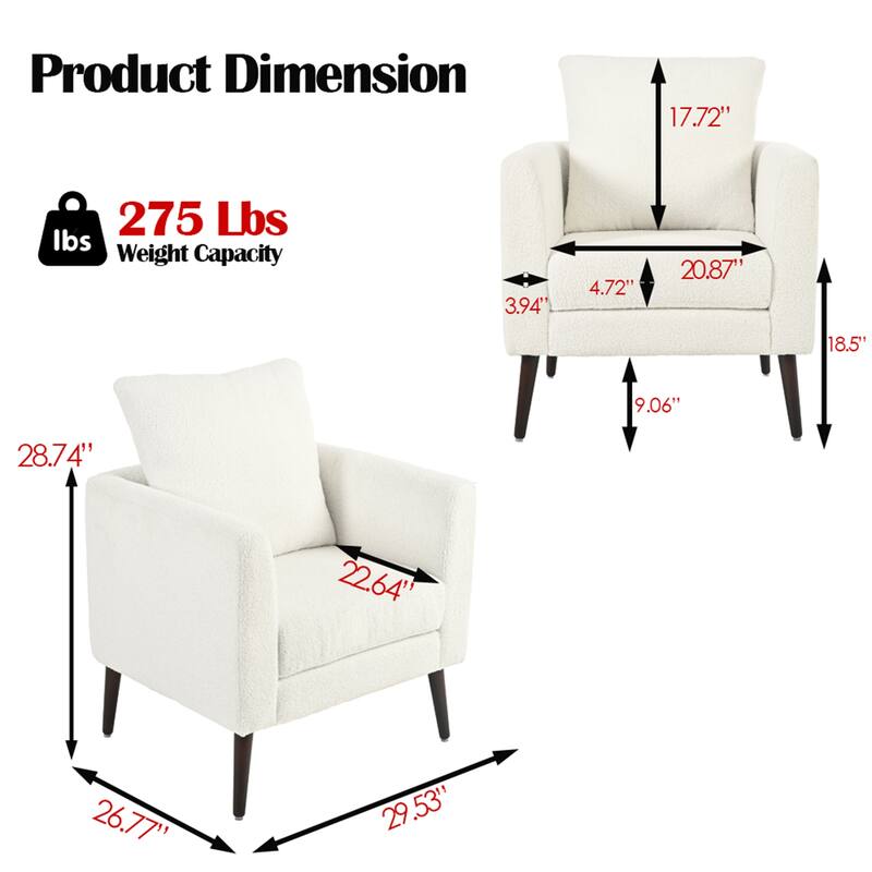 Teddy Fabric Accent Chair, Upholstered Lounge Armchair with Pillow, Reading Chair with Barrel Backrest & Wood Legs