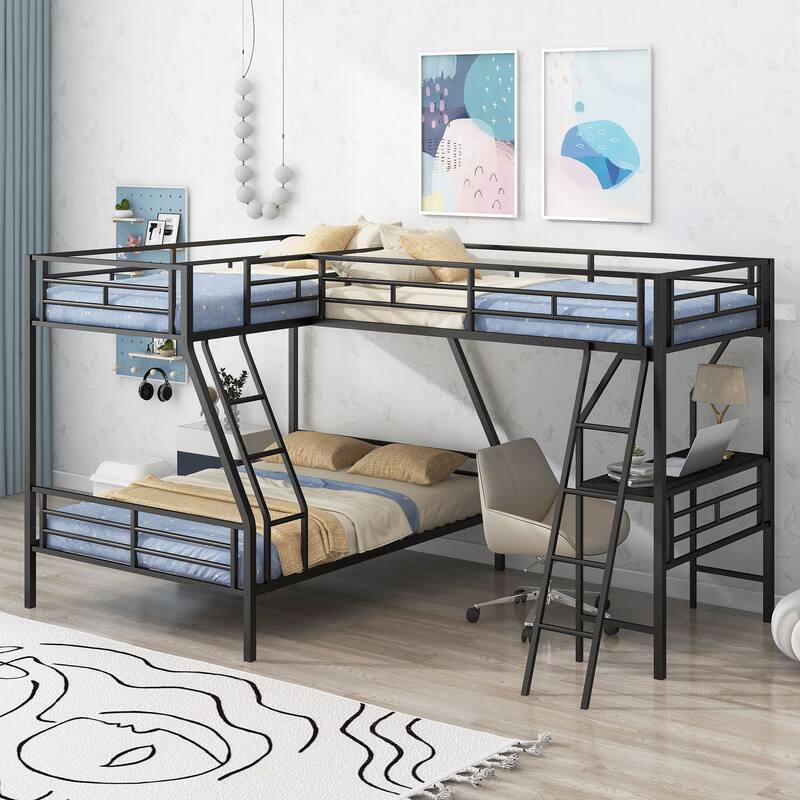 Twin Over Full L-Shaped Bunk Bed with a Twin Loft Bed Attached, Metal Triple Bunkbeds Frame with Desk & 2 Ladders, for 3 Kids - Black - Full