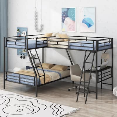 Twin over Full Bunk Bed with Twin Size Loft Bed, L-Shaped Triple Bunk Bed with Desk, Ladder and Full Length Guardrails for Kids