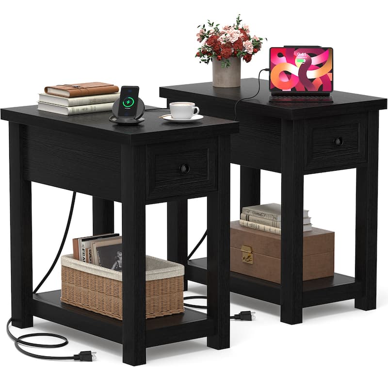 Farmhouse End Table with Wood Drawers and Charging Station, Sofa Side Table, Nightstand - Black - Set of 2