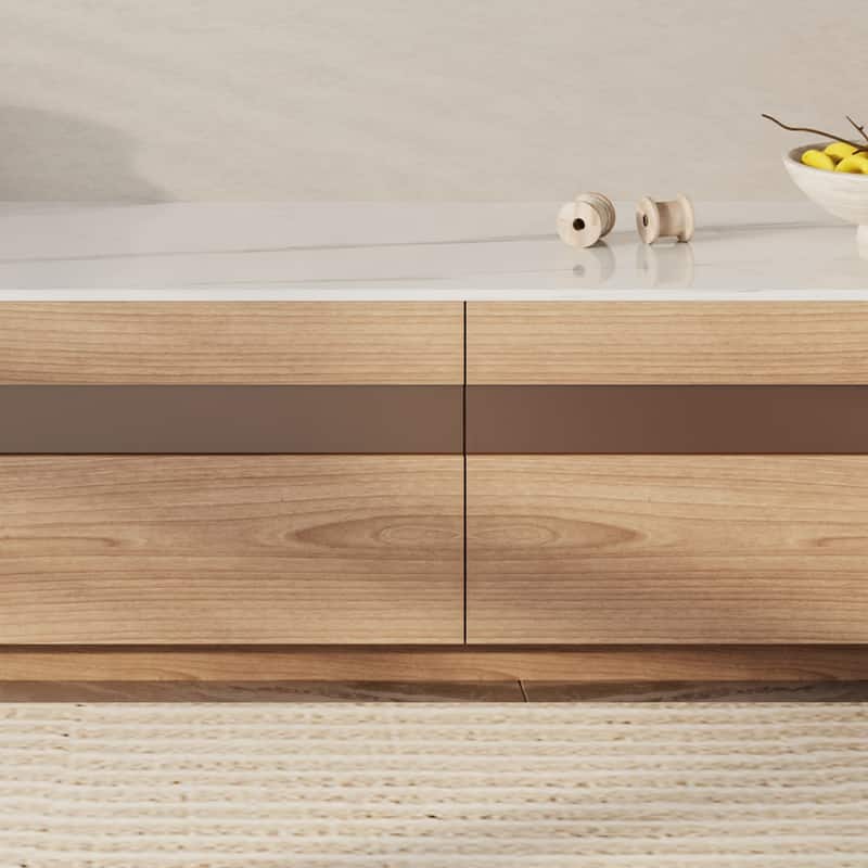 Modern Light Wood TV Stands, Glossy Stone Table-top, 3-6Drawers, Fully Assembled