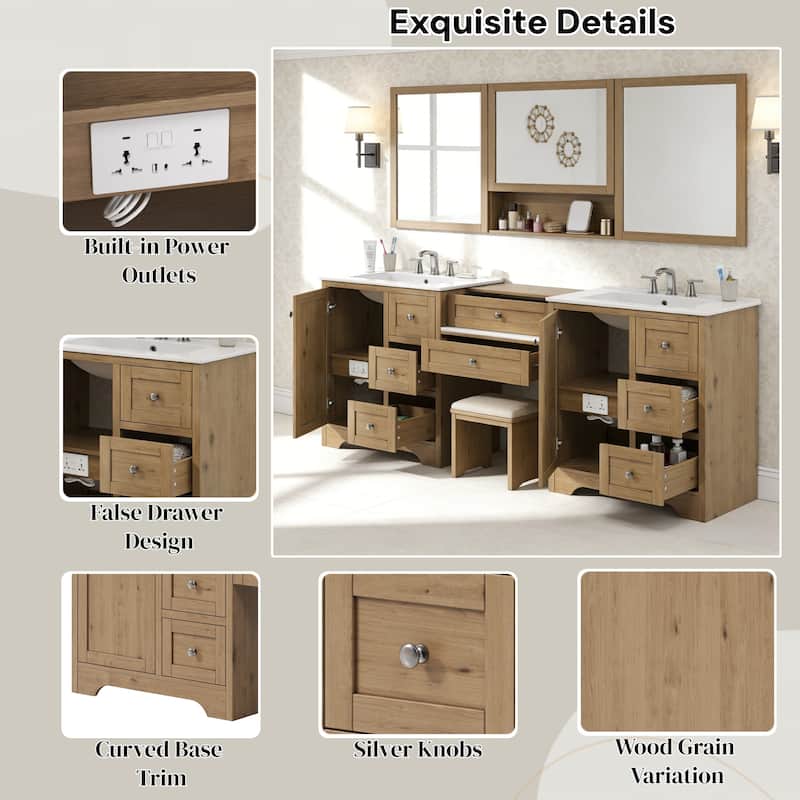 Christopher Knight Home - Wooden 84 Inches Double Sink Bathroom Vanity (Separate Sink) with Engineered Stone Countertop
