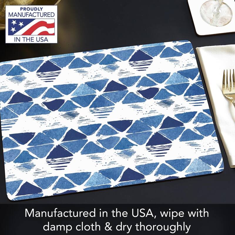 Indigo Closed Triangles Decorative Hardboard Placemats with Protective Cork Backing 4 Pack Heat Tolerant and Easily Wipes Clean