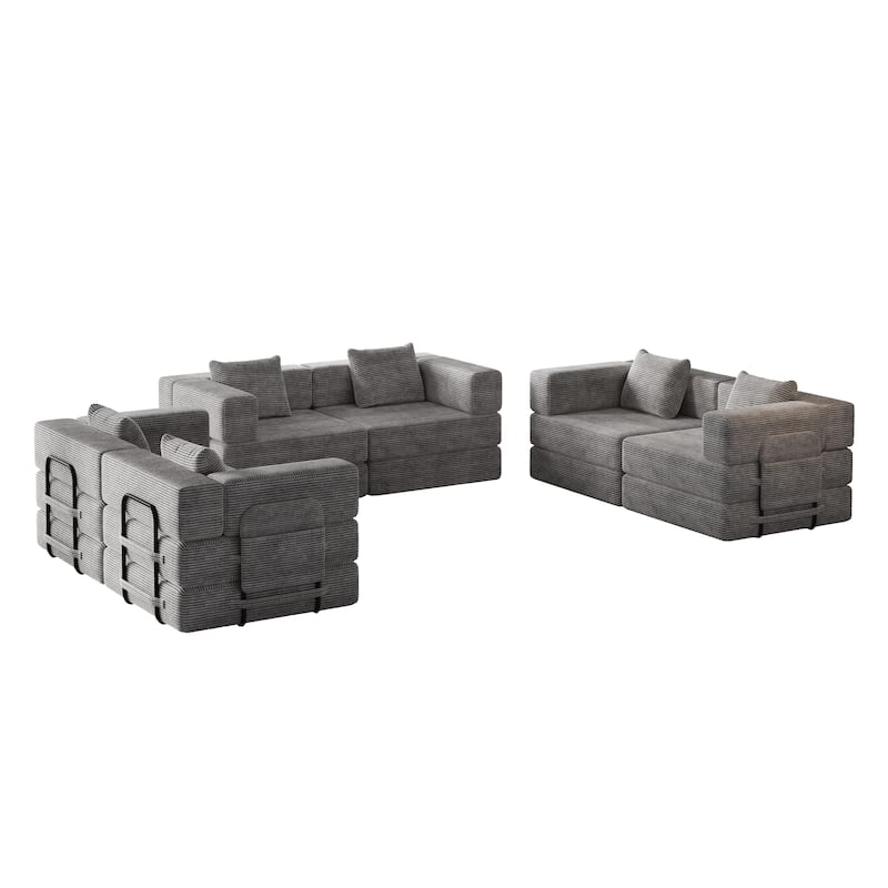 Corduroy Folding Loveseat Couch Set of 3 Convertible Sleeper Sofa Bed with Side Pockets, Modular Floor Mats with Anti-slip Pads