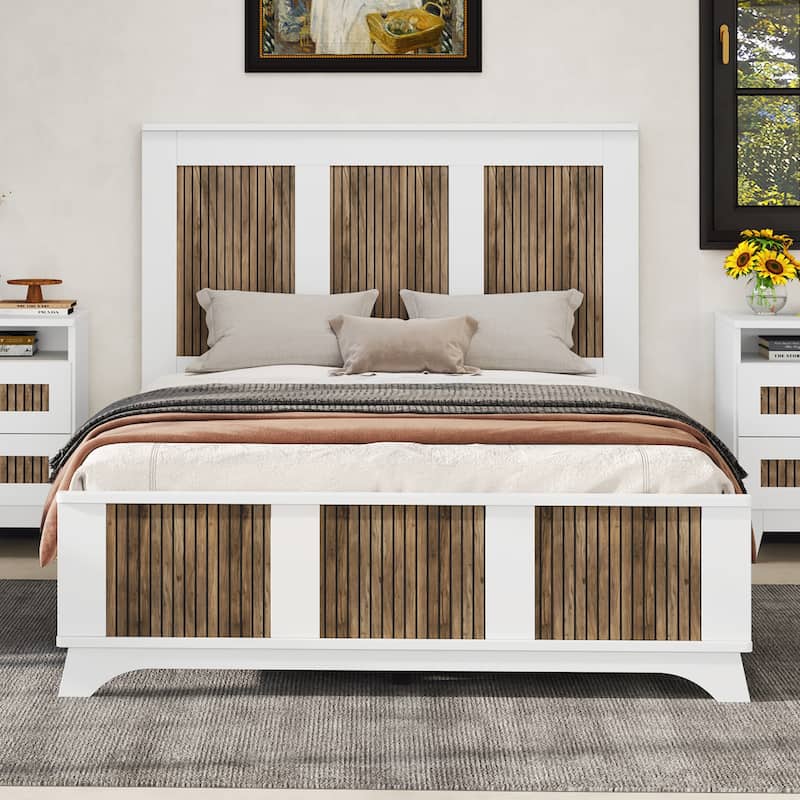 Farmhouse Wooden Platform Full Size Bed, Modern Platform Bed with Wooden Strip Decoration, Plywood Slats Support, White - White