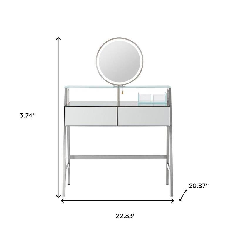 HomeRoots 34" Silver Mirrored Glass and Stainless Steel Two Drawer Vanity Table With Mirror And Lights