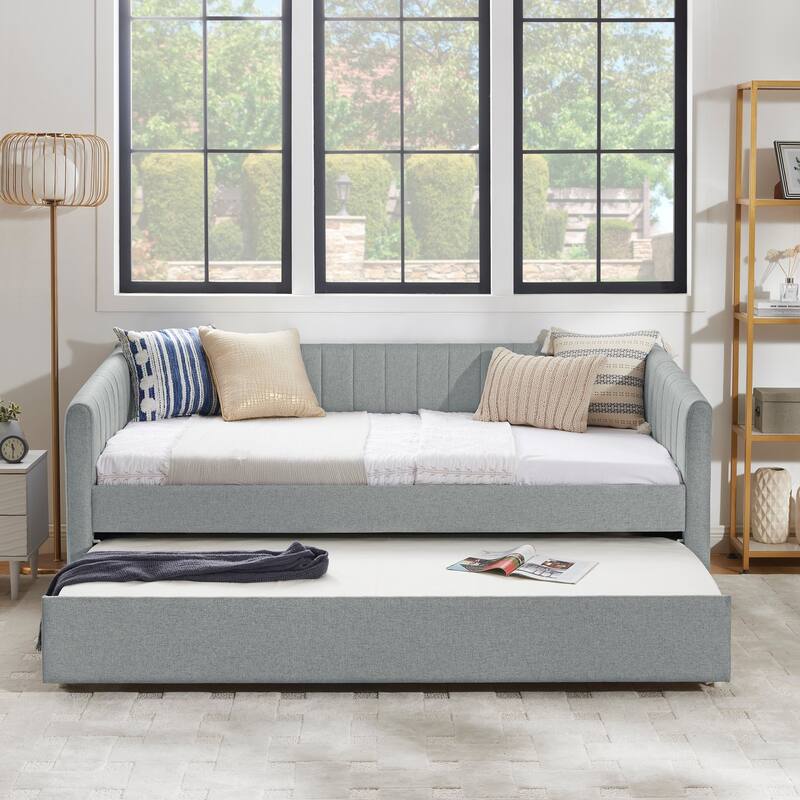Twin/Full Size Daybed with Trundle, Upholstered Sofa Bed with Vertical Stripes, Linen Fabric, Comfortable Seating for Bedroom