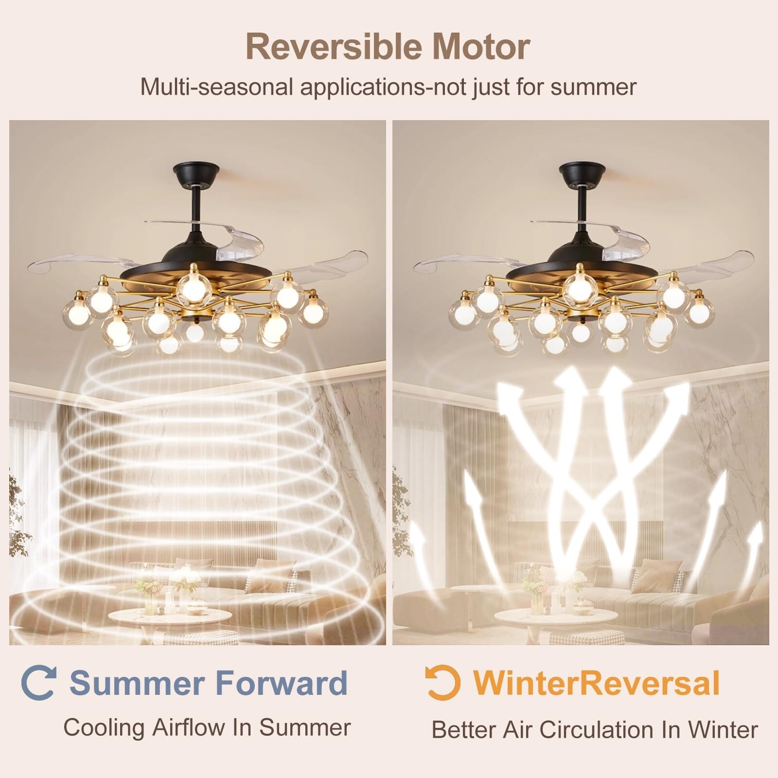Chandelier Ceiling Fans with Lights, Black and Gold