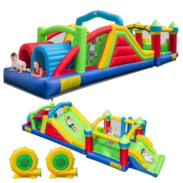 slide 1 of 1, Gymax Inflatable Obstacle Course Bounce House Dual Slides w/2 680 W Blue - Kids