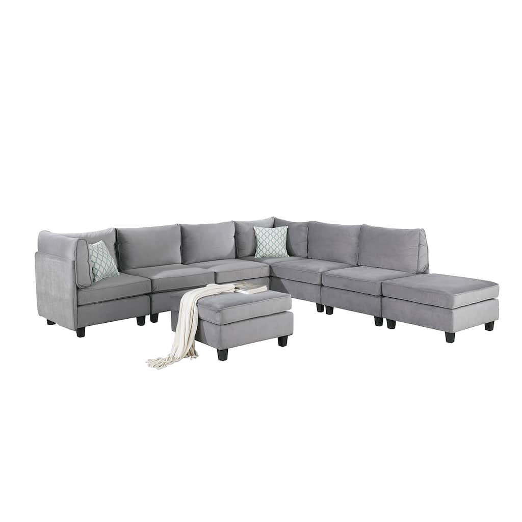 8 Piece L Shape Velvet Modular Sectional Sofa with 2 Ottomans, Gray