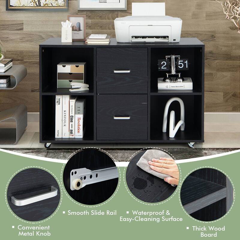Gymax Rolling Wood File Cabinet w/ 2 Large Drawers & 4 Open