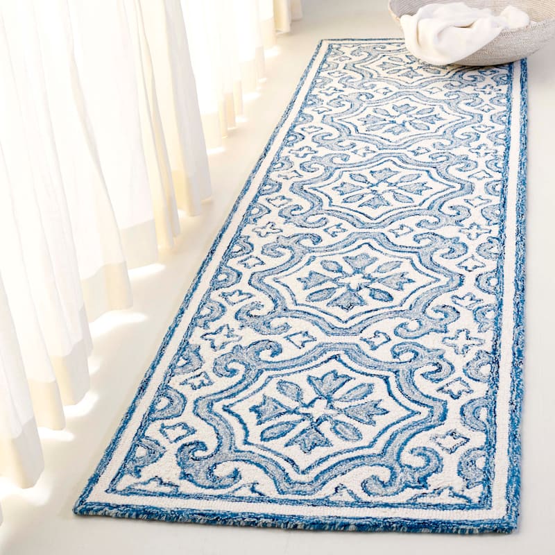 Lauren Ralph Lauren Handmade Elfur Contemporary Wool Rug - 2'3" x 10' Runner - Navy/Ivory