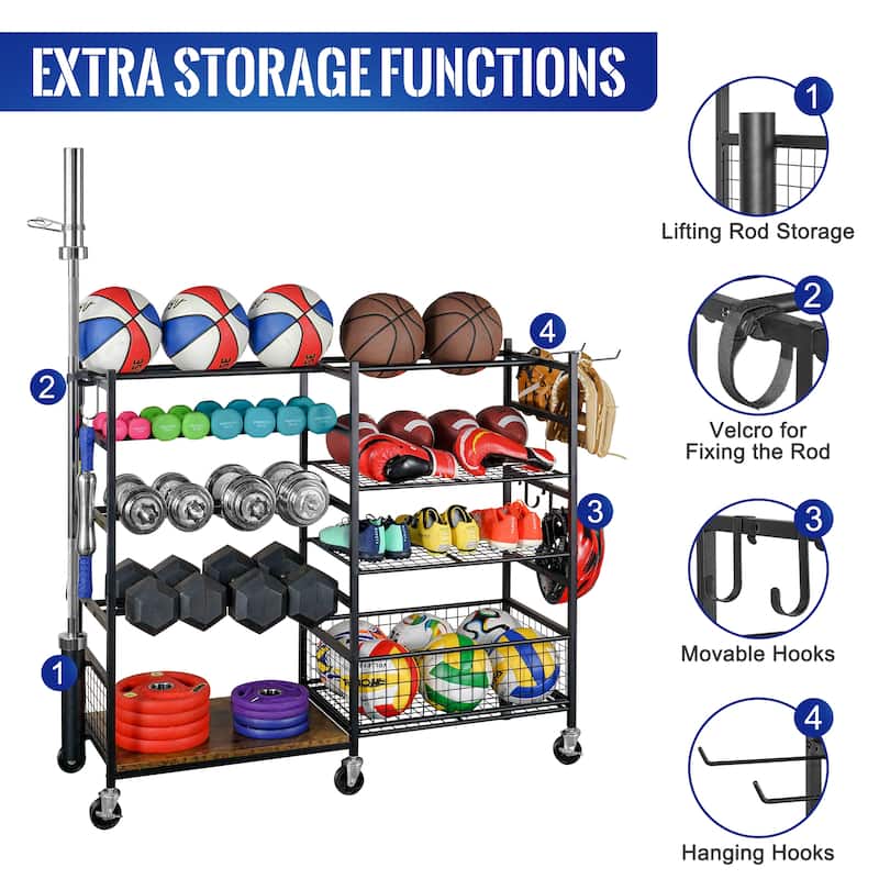 4-Tier Sports Equipment Organizer, Dumbbell and Ball Storage Rack