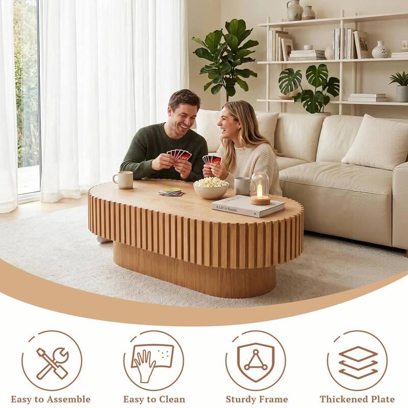 43.1"Oval Coffee Table,Mid Century Modern Fluted Coffee Table with Pedestal, Classic Wood Coffee Table for Living Room