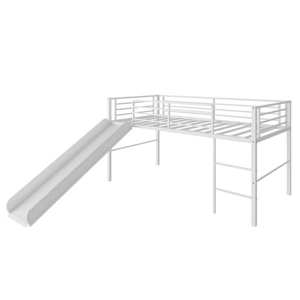 Twin Metal Loft Bed With Slide Guardrails BuiltIn Ladder Low Bed Frame