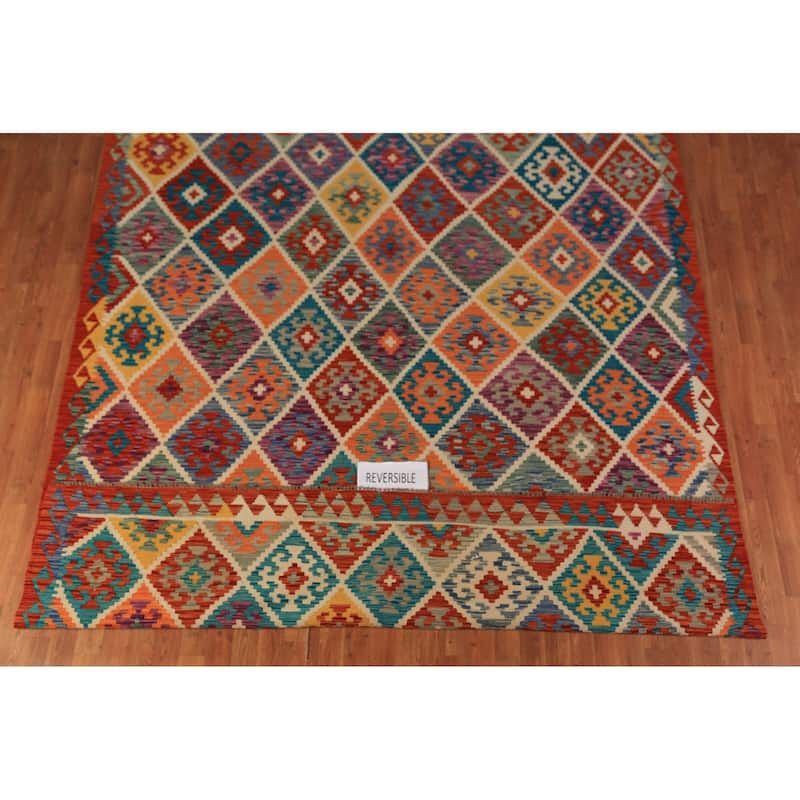Trellis Kilim Oriental Area Rug Flatweave Reversible Wool Carpet - 8'2"x 9'7"