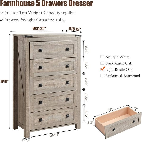 dimension image slide 2 of 6, 48" Tall Farmhouse 5 Drawer Wood Dresser, Chest of Drawers for Bedroom
