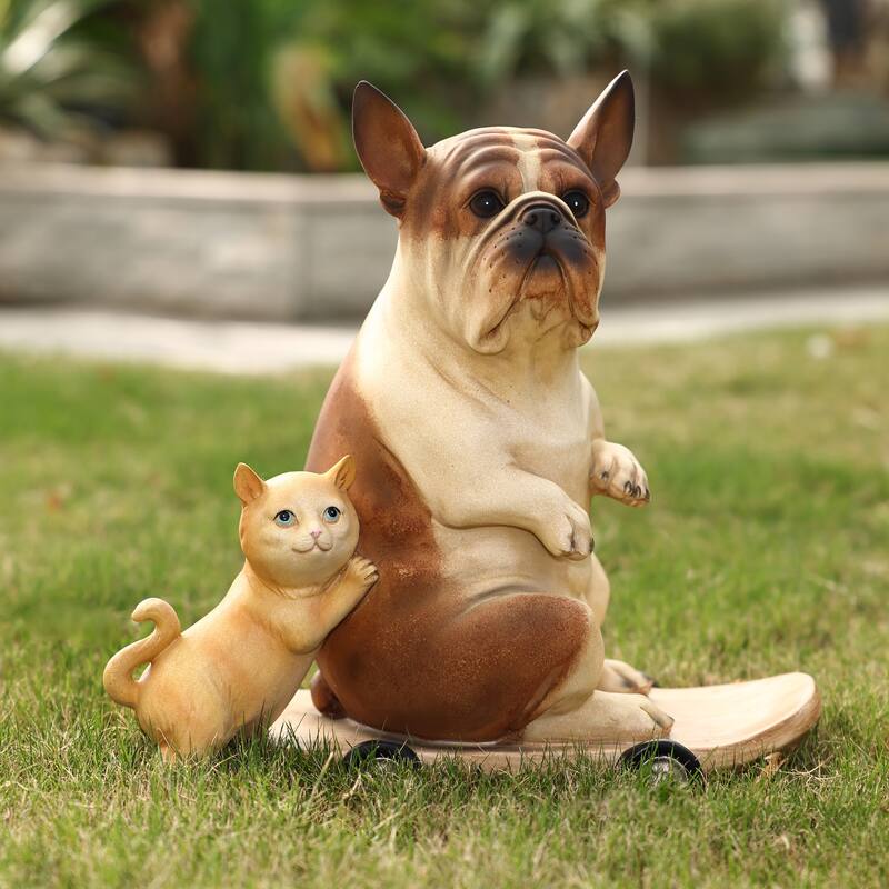 Kitten and Dog with Skateboard Sculpture Resin Statue, Indoor and Outdoor