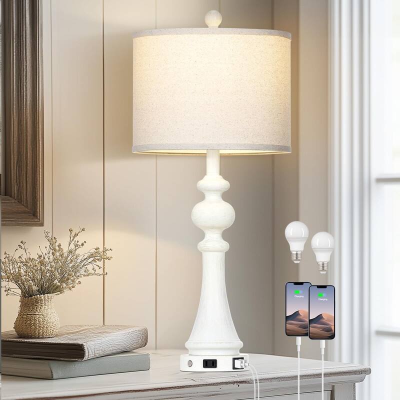 28" Farmhouse Table Lamp with USB A and C Fast Ports AC Outlets - 13"D x 13"W x 28"H - White-1