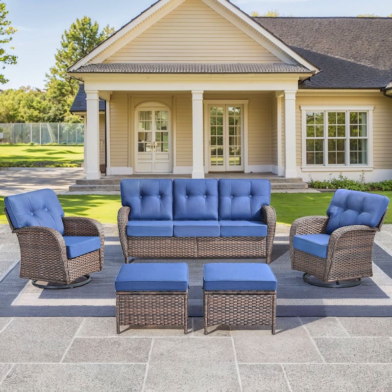 5 Pieces Pocassy Sofa Ottoman with Swivel Chairs - Brown Wicker & Grey Cushion