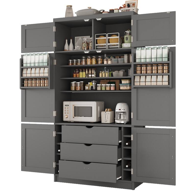 Modern 80.1" Tall Freestanding Kitchen Pantry Cabinet with Adjustable Shelves and 2 Power Outlets