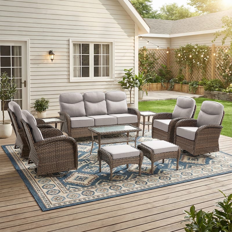 Pocassy Outdoor Sofa Swivel Chair and Ottman with Coffee Table - Brown Wicker Beige Cushion - 10-Piece Sofa Swivel Chiar Ottoman with Table