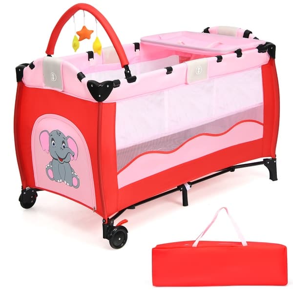 slide 2 of 12, Pink Baby Crib Playpen Playard Pack Travel Infant Bed Foldable - 8.4'' x 25.6'' x 30''