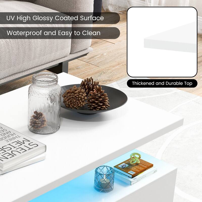 Gymax LED Coffee Table 2-Tier High Glossy with Adjustable Light &