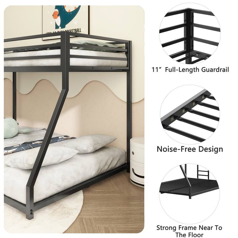 Adam Sturdy Metal Twin over Full Bunk Bed (Black) - for Kids/Adults, Low Profile, Ladder, Guardrails