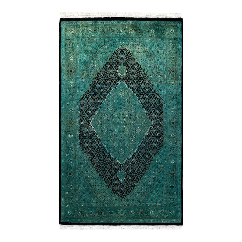 Overton Hand Knotted Wool Vintage Inspired Modern Contemporary Overdyed Blue Area Rug - 4' 1" x 6' 9"