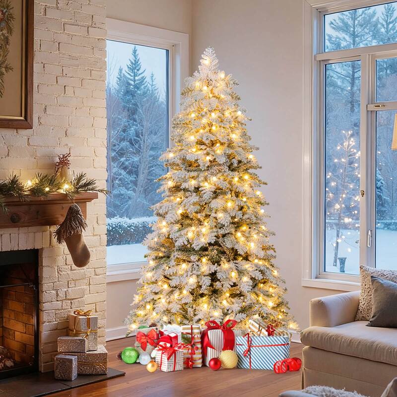 Costway 6/7 FT Artificial Snow-flocked Christmas Tree with 130 Balls, - See Details - 6 Foot