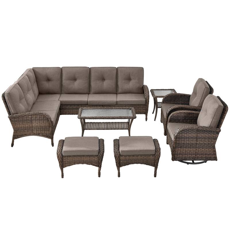 Patio Sectional Sofa with Swivel Chairs Ottomans Set