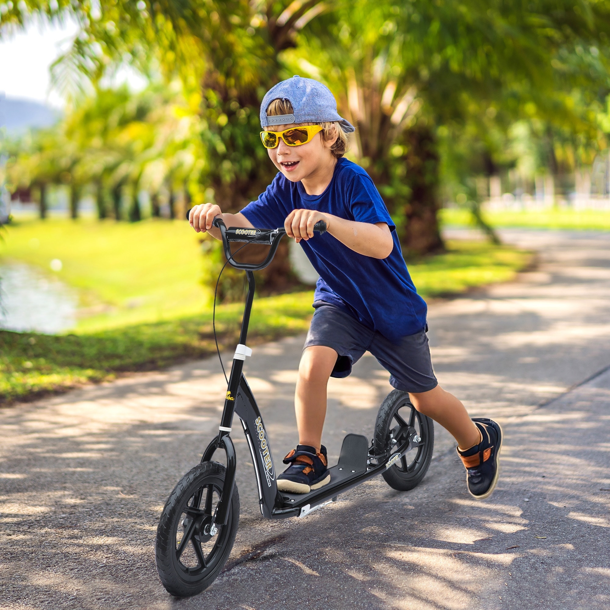 HOMCOM Kids Kick Scooter 5-12, Big Wheel, Adjustable Handlebar, 12" EVA Tyres, Rear Brake