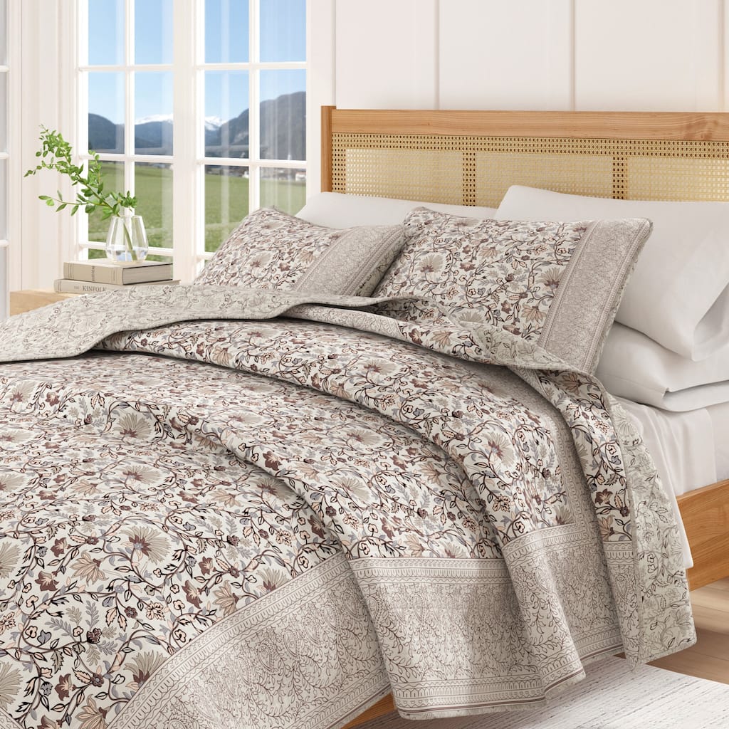 Linery & Co. Neutral Floral Microfiber Quilt Set With Shams
