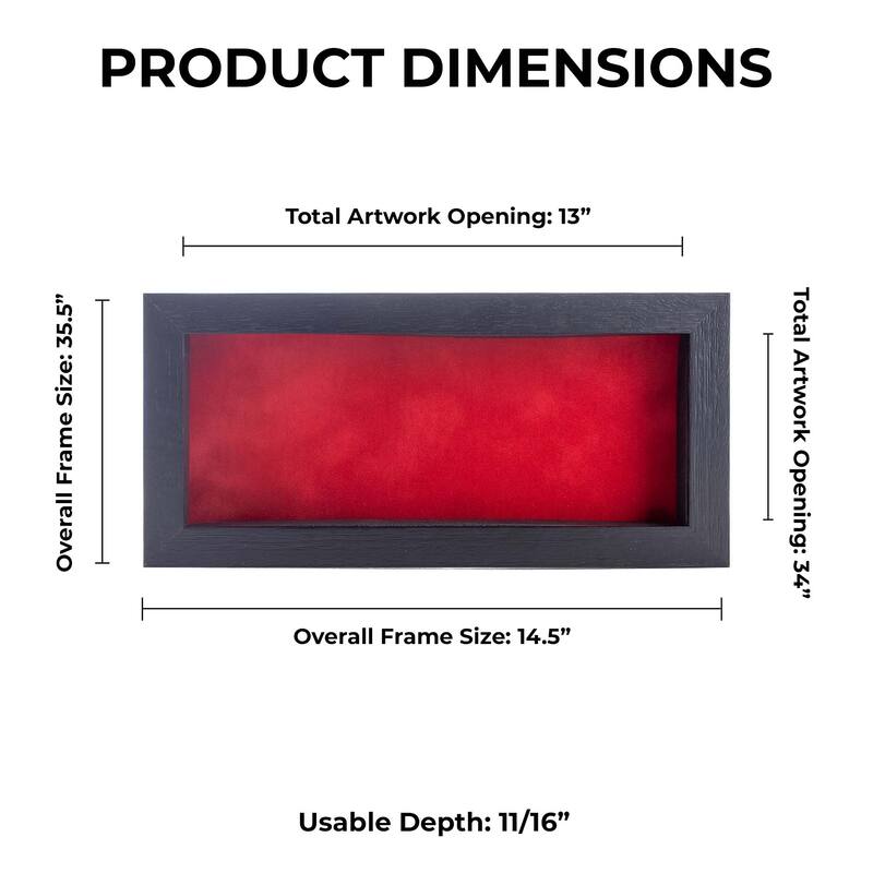 13x34 Shadow Box Frame Textured Black Wood Includes a Red Real Suede Texture Acid-Free Backing Board
