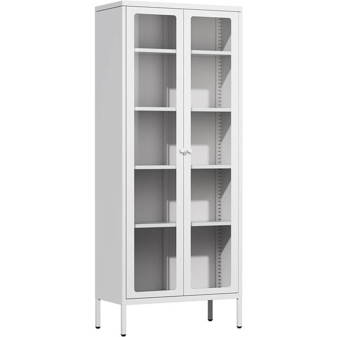 Kitchen Pantry Cabinet Glass Display Storage Buffet Sideboards with Glass Doors and 4 Adjustable Shelves - White