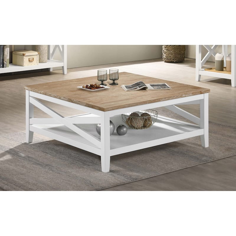 Hollis Square Wood Coffee Table With Shelf Brown and White