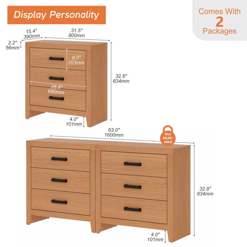 WAMPAT Farmhouse 3-Drawer Dresser, Wooden Chest of Drawers, Modern Storage Organizer & Nightstand for Bedroom, Living Room