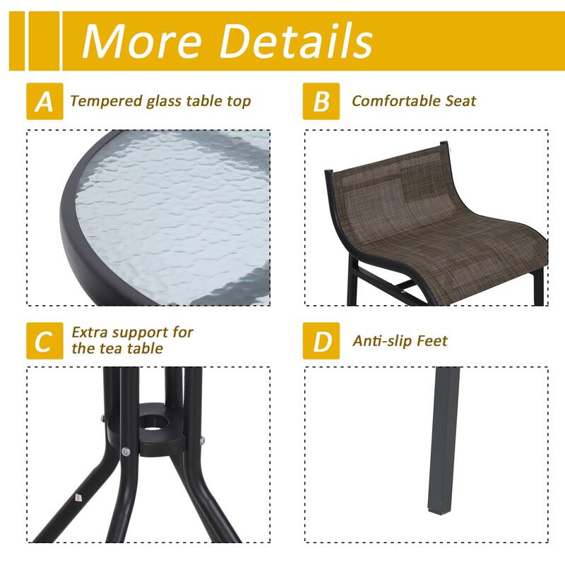 3-Piece Outdoor Pub Bistro Set with Round Glass-Top Table and 2 Bar Chairs, Weather-Resistant Patio Furniture for Garden聽