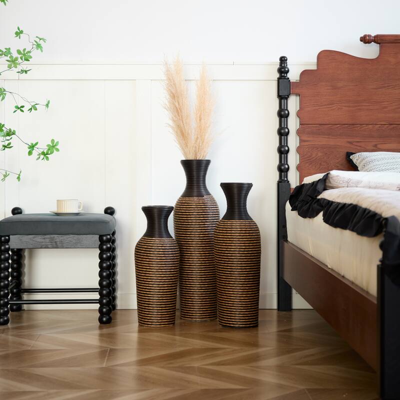 3-piece set of beige+black decorative floor vases, classic and neat floor vases with high independent flower racks