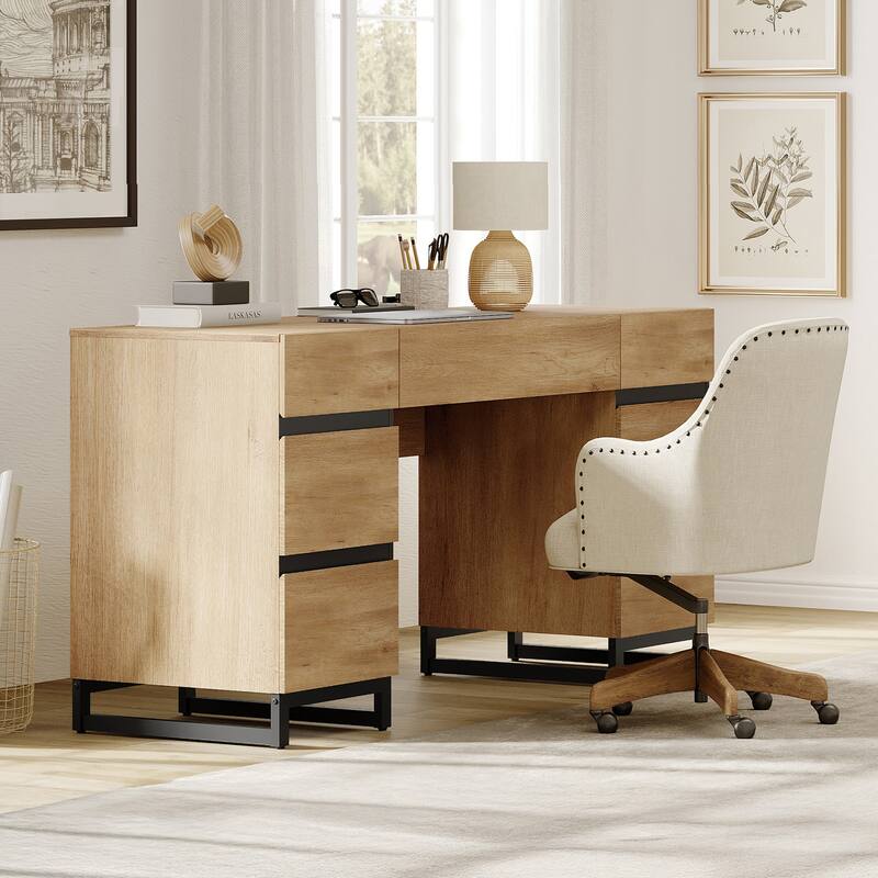 WAMPAT 59in Modern Executive Desk with Charging Station & Drawers and 2 PCS 72in Tall Bookcases with Storage Cabinet.