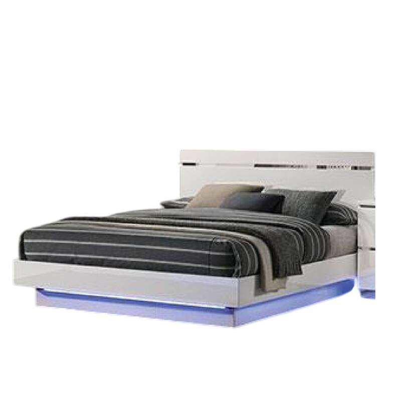 Pero King Size Bed w Silver Trimmed Headboard, LED Footboard, White
