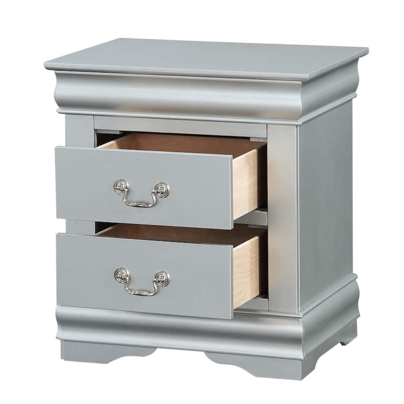 Platinum Finish 2-Drawer Nightstand, Classic Design