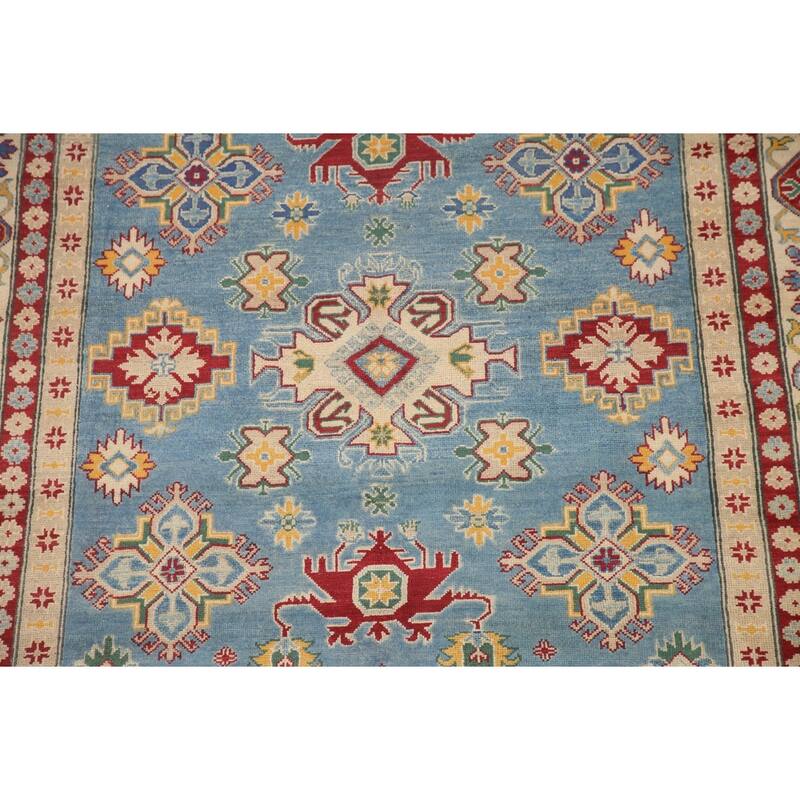 Hand Knotted Oriental 100% Wool Carpet Traditional Geometric Navy Blue & Blues Kazak Area Rug - 9' 6'' X 6' 6''