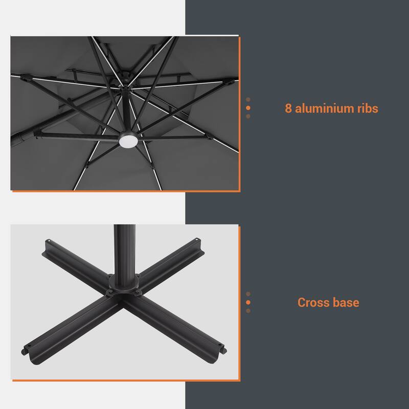 LIVOOSUN 11Ft LED Patio Hanging Octagon Cantilever Umbrella with 360-degree Rotating Canopy