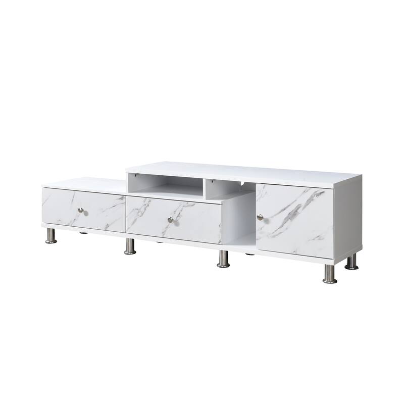 1pc Modern Sleek White Finish Faux Marble Accents Silver-tone Legs TV Stand Console Living Room Furniture