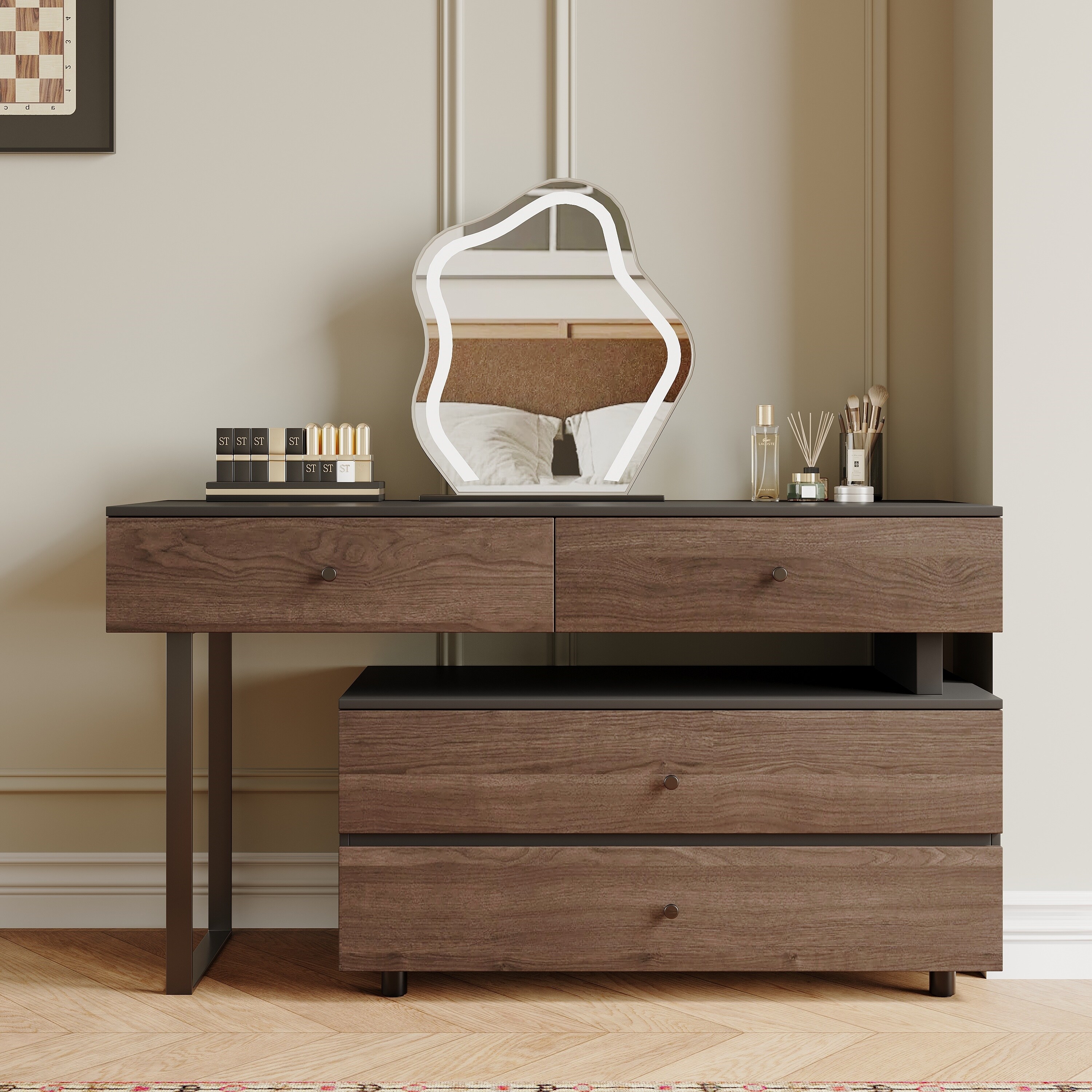 Extendable Makeup Vanity with 4 Drawers Swivelable L-shaped Corner Vanity Desk