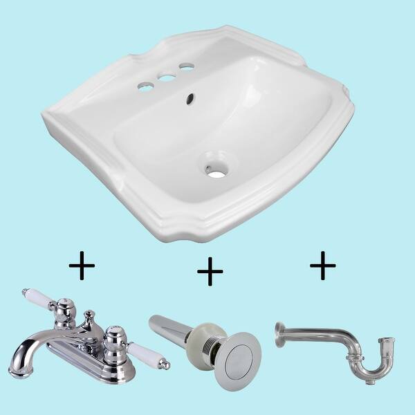 White Small Sink Wall Mount with 4" Center Set Faucet , Sink Drain With Overflow and P Trap