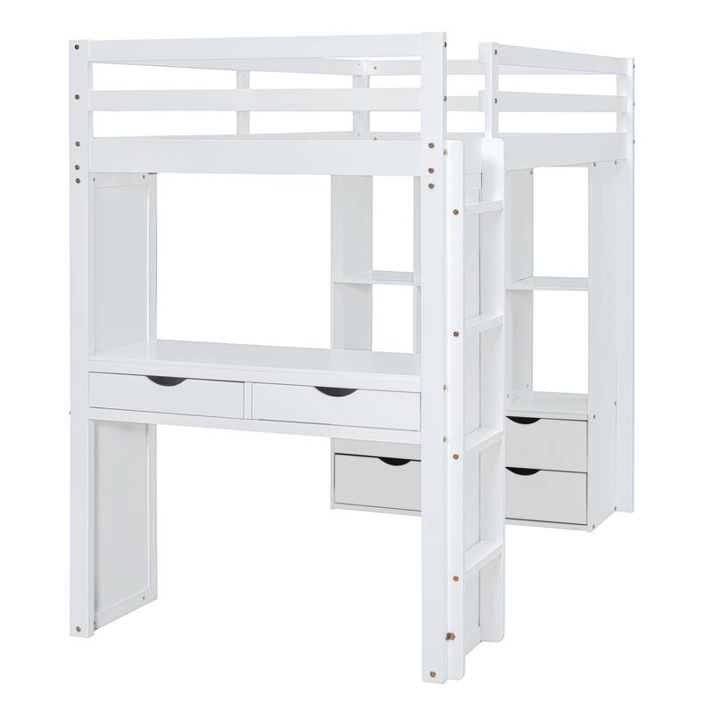 Merax Loft Bed with large shelves, writing desk and LED Light