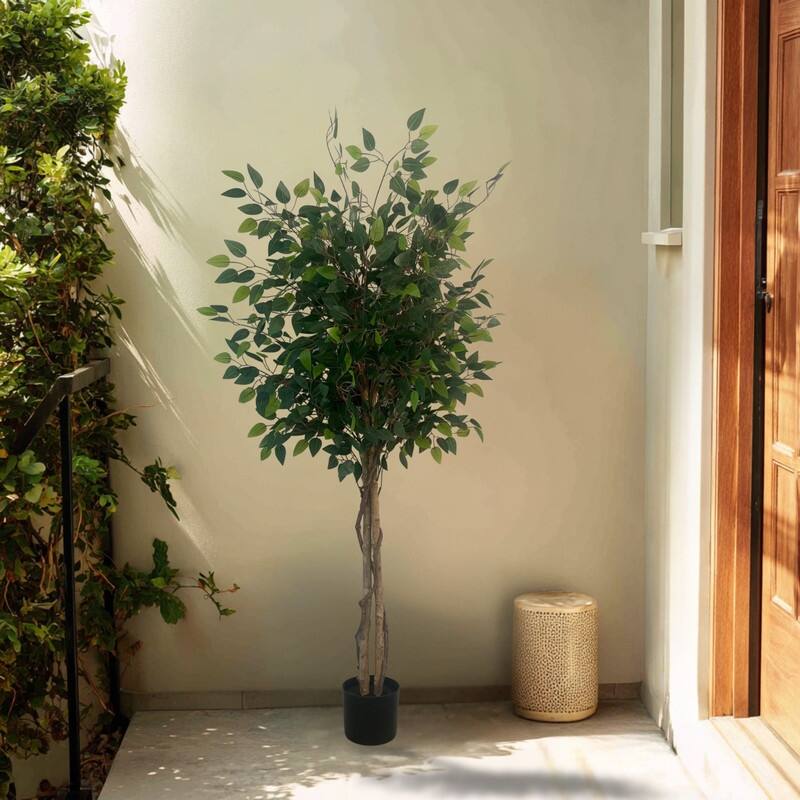 XBrand 63-Inch Artificial Ficus Tree - Realistic Indoor Faux Plant with Bendable Branches and Pre-Potted Design